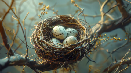 Obraz premium Nest with Speckled Eggs Amidst Blossoming Branches: Serene Nature Scene Perfect for Spring Themed Projects