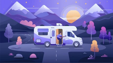 An illustration of a male nomadic musician playing guitar by his camper van in a tranquil mountain landscape at dusk.