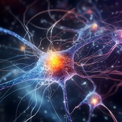 Abstract background with glowing brain cells and neurons, concept of nervous system. Closeup of the neural network. Generative AI.
