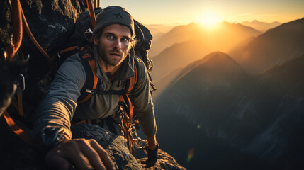 A man is climbing a mountain with a backpack and a hat on