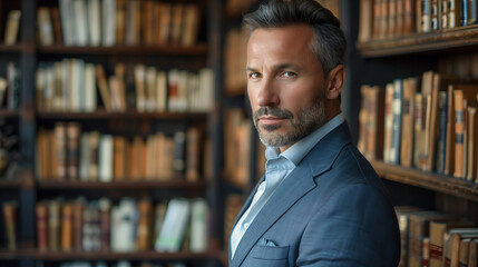 Fototapeta premium Elegant Mature Businessman in Blue Suit Posing Confidently in Front of a Classic Library Background Emphasizing Wisdom and Experience