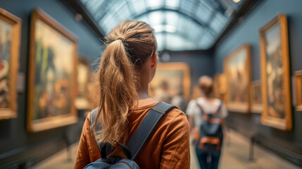 Young Woman Exploring Classic Art Exhibitions in a Public Museum, Captured in a Warm Summer Ambient Light