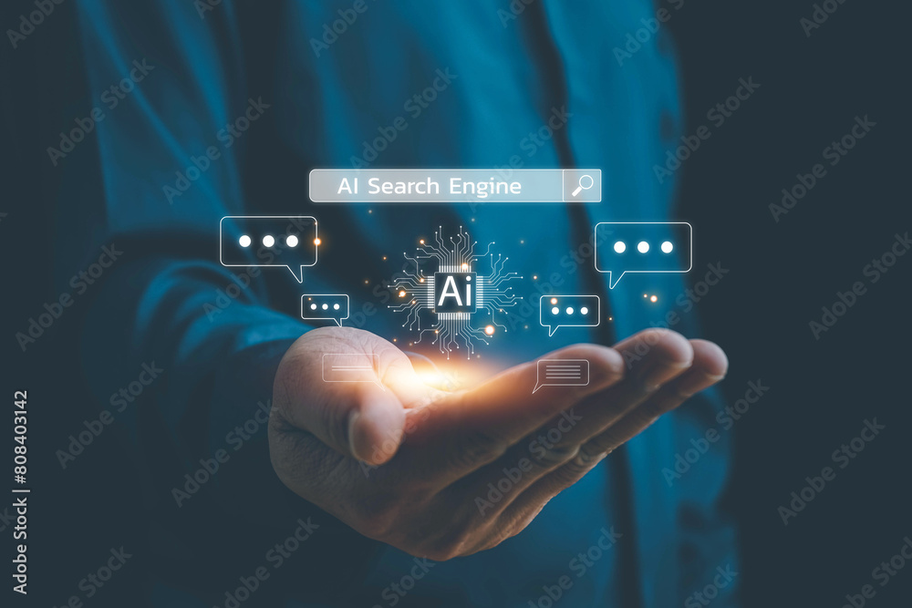Poster ai tech, chatbot with ai, artificial intelligence, search engine, businessman using laptop connectio