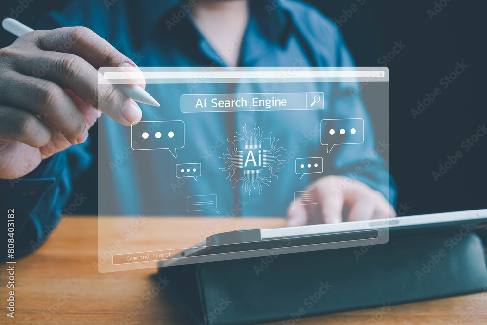 Poster ai tech, chatbot with ai, artificial intelligence, search engine, businessman using laptop connectio