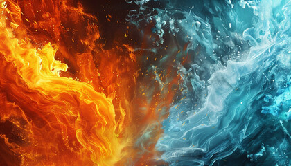 A vibrant and intense interaction of fiery orange and icy blue waves, colliding in a spectacular display that mirrors the elemental contrast of fire and ice.