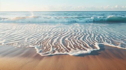 A close up of a sandy beach with waves crashing onto the shore, showcasing the beauty of natures...
