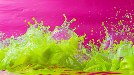 A vibrant and energetic interaction of bright magenta and lime green waves, clashing in a lively explosion of color that captures the essence of spring's renewal.