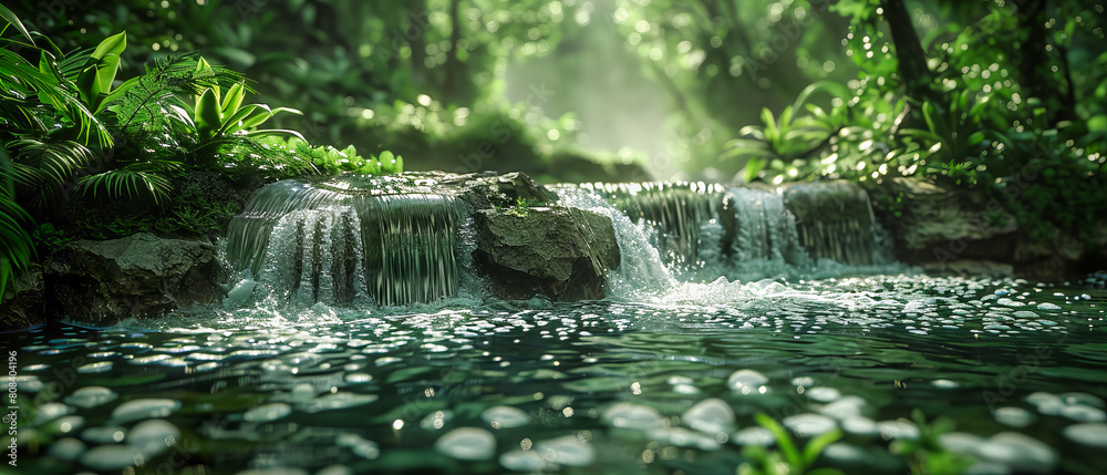 Wall mural lush rainforest stream with cascading waterfall, rich greenery and mossy rocks