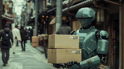 A green robot carries a parcel box. of the intersection of technology and progress Leading to a future where automation makes our daily lives easier and expands our capabilities.