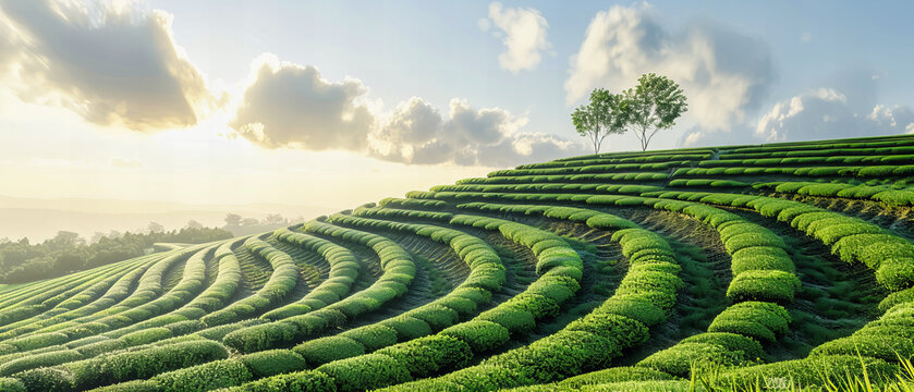 Lush Tea Plantation Rows, Fresh Green Leaves Under Blue Sky, Agricultural Landscape