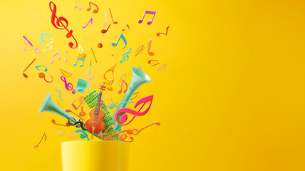 A vibrant explosion of musical instruments and colorful notes emerging from a yellow cylinder on a...