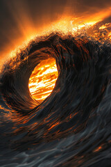 A vivid collision of jet black and fiery orange waves, creating a spectacular display that captures the drama of a solar eclipse.