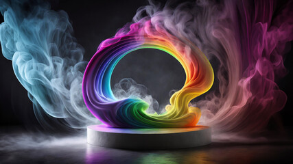 white podium with rainbow smoke swirls against black background
