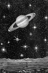 Monochrome drawing of space with planets and stars