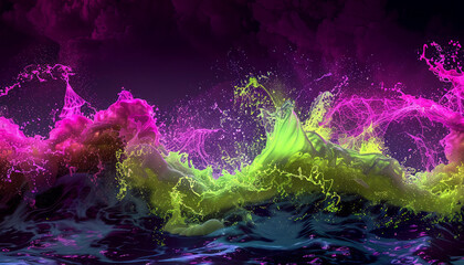 An energetic display of electric lime and vivid magenta waves crashing together, evoking the dynamic atmosphere of a live music festival.