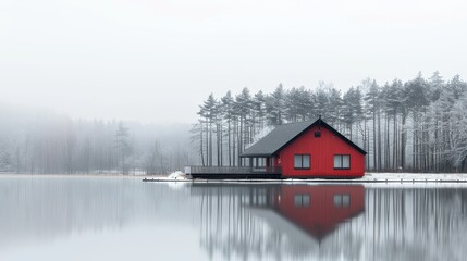 Red house by reflective lake in monochrome