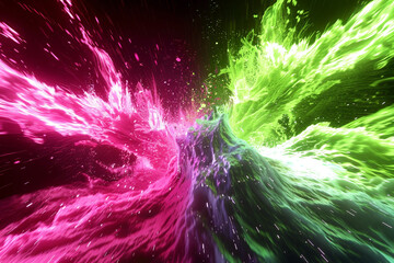 An energetic scene of bright magenta and neon green waves clashing at high speed, creating a vivid and dynamic explosion of color.
