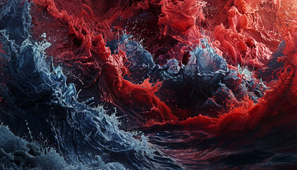 An intense and vivid scene of scarlet and navy waves clashing, resembling the dramatic and powerful movements of an ocean during a storm.