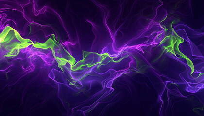 An intense and vivid collision of deep purple and electric lime waves, creating a visually striking effect that resembles the vibrant pulse of a neon light.