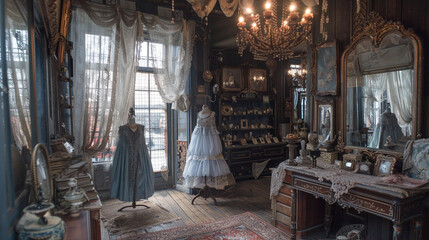 A boutique with a romantic interior, adorned with lace curtains and vintage mirrors.