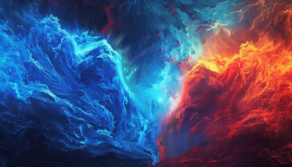 An intense visual of electric blue and fiery red waves crashing together, forming a vivid display that captures the drama of a stormy sea.