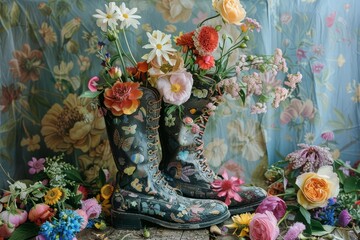 floral fantasy charming boots overflowing with delicate blooms whimsical still life photograph