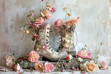 floral fantasy charming boots overflowing with delicate blooms whimsical still life photograph