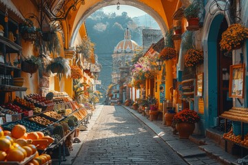 Vibrant street scene in a traditional market, lined with colorful fruit stalls and floral...