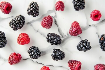 fresh blackberries and raspberries scattered on white marble countertop vibrant contrast food...