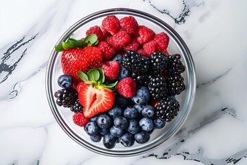 fresh mixed berries including blackberries raspberries strawberries and blueberries in a glass bowl...