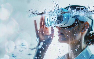 Woman touching water in VR glasses, very beautiful and charming woman