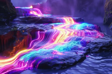 glowing colorful rock formation in a flowing river magical nature landscape illustration