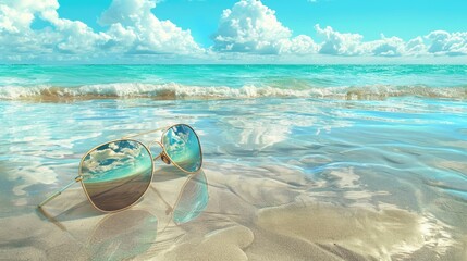 A pair of eyewear rests on a sandy beach by the ocean, surrounded by water and marine biology. The wind waves gently as beachgoers enjoy leisurely activities nearby AIG50