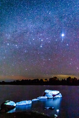 Rocks in a lake with a starry night sky in monte escobedo zacatecas 