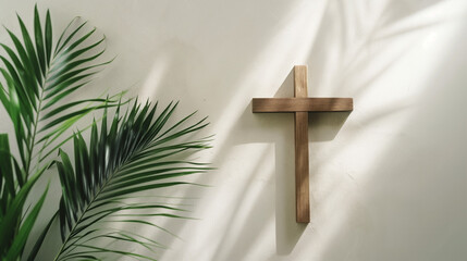 Wooden Cross with Palm Leaves and Shadows, Christian Faith Symbol