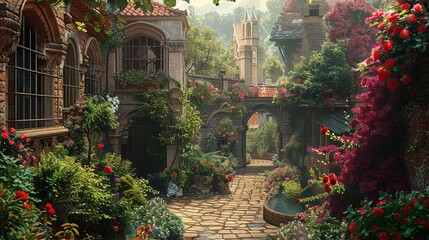 Craft an enchanting scene of a secret rooftop sanctuary bursting with diverse plant life when viewed from a worms-eye perspective Combine intricate details of flowers
