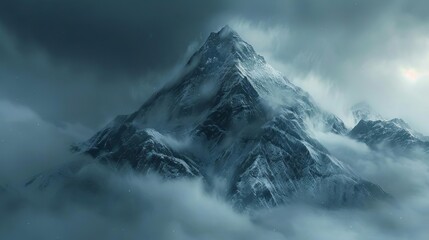 Obraz premium Create a digital artwork of a close-up shot of a mountain peak engulfed in fog using CG 3D techniques Add dramatic lighting to enhance the mystery and depth of the scene
