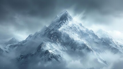 Obraz premium Create a digital artwork of a close-up shot of a mountain peak engulfed in fog using CG 3D techniques Add dramatic lighting to enhance the mystery and depth of the scene