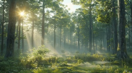 Create a digital masterpiece of a sunlit foggy forest in photorealistic CG 3D Show intricate details of mist swirling around tree trunks