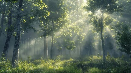 Obraz premium Create a digital masterpiece of a sunlit foggy forest in photorealistic CG 3D Show intricate details of mist swirling around tree trunks
