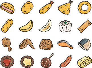 惣菜のアイコン（線画カラー）のイラストセット
