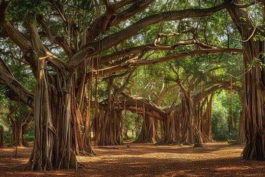 majestic banyan tree towering over surrounding vegetation capturing grandeur and timeless beauty nature photograph