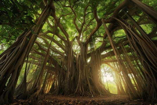 majestic banyan tree towering over surrounding vegetation capturing grandeur and timeless beauty nature photograph