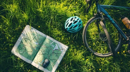A bicycle, helmet, and map are scattered in the grass, surrounded by the peaceful sounds of nature. A wheel and tire peek out from beneath the foliage AIG50
