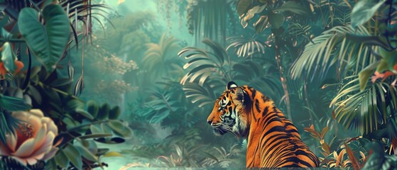 Beautiful view of jungle and tiger vintage