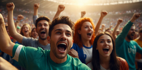 Fan cheering enthusiastically in a soccer stadium.