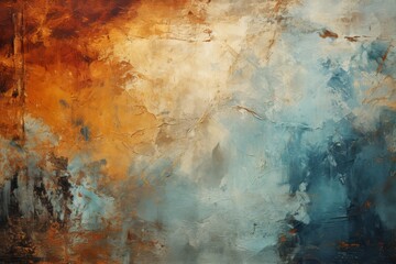Abstract painting with a vivid clash of orange and blue hues, featuring a textured, cracked surface that creates a dramatic and artistic backdrop for various creative projects