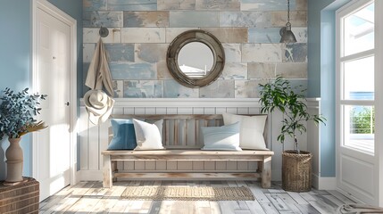A bright, coastal-themed foyer featuring a stone-tiled accent wall, a reclaimed wooden bench, and a...