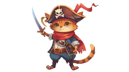 Cute cartoon pirate cat with sword and hat transparent background