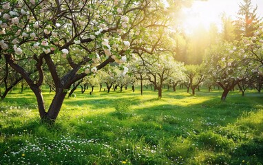 Fototapeta premium Old apple orchard on green lawn in sunny day. Image of a charming view of trees in a garden. Agricultural region of Ukraine, Europe. very beautiful scenery
